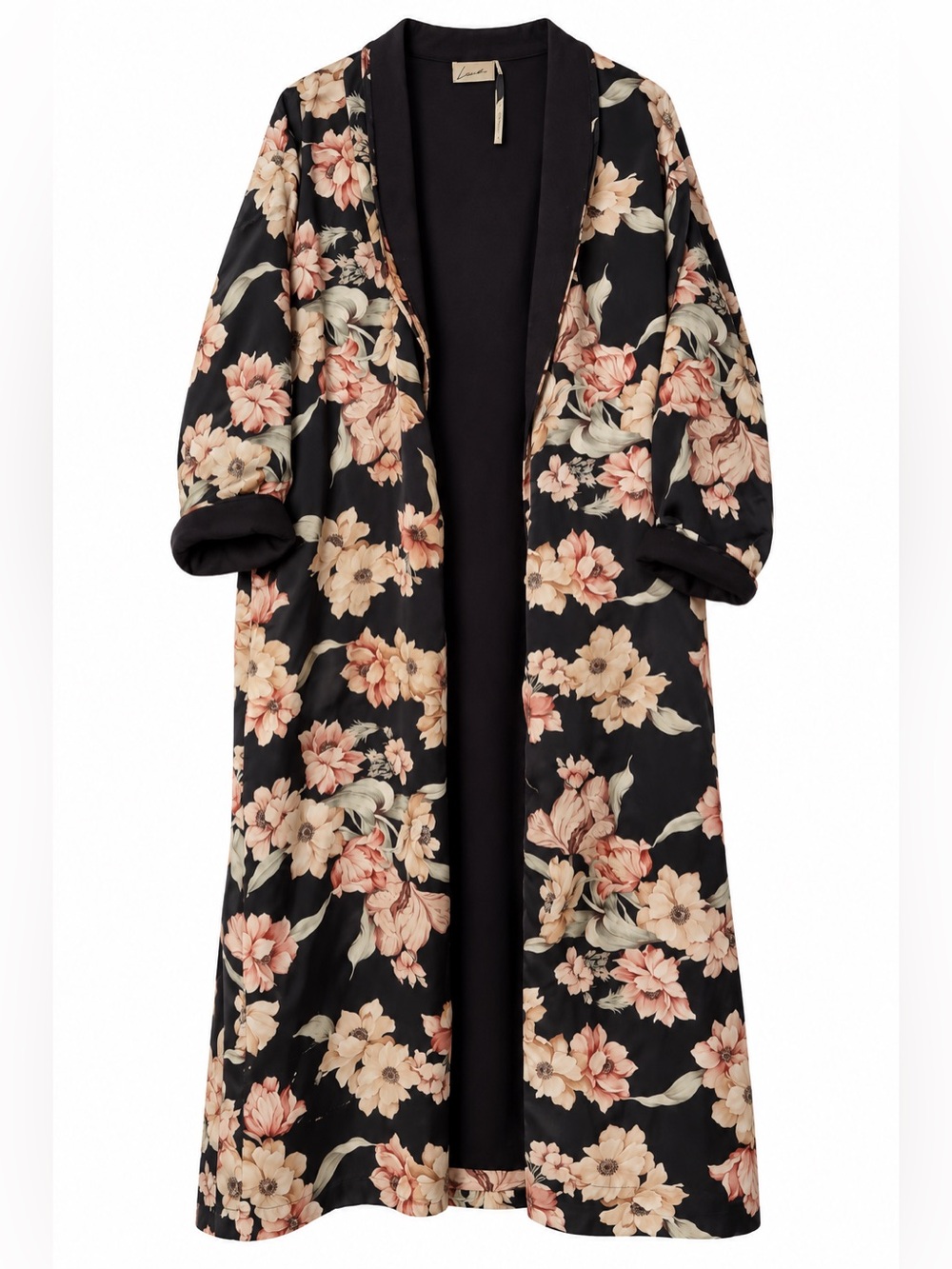 Long Floral Satin Robe in Black with Blush Floral